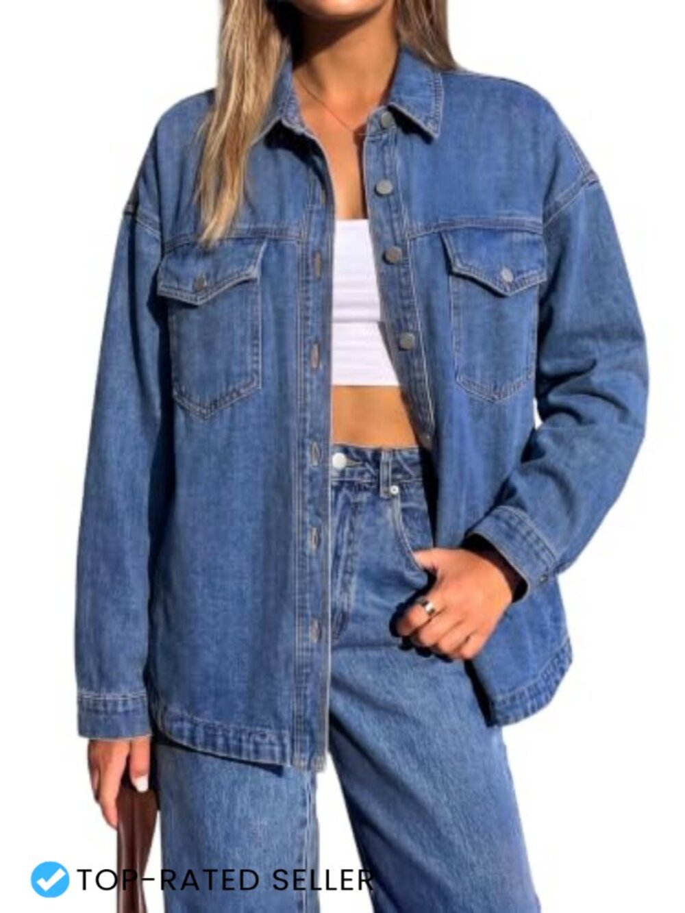 Oversized Denim Jacket Women Long Sleeve Button Down Distressed Shacket Cotton